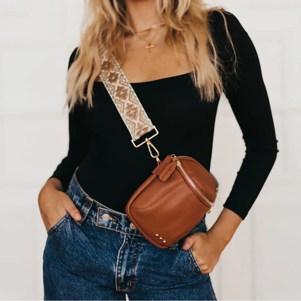 Brown Leather Crossbody Bag with Patterned Strap